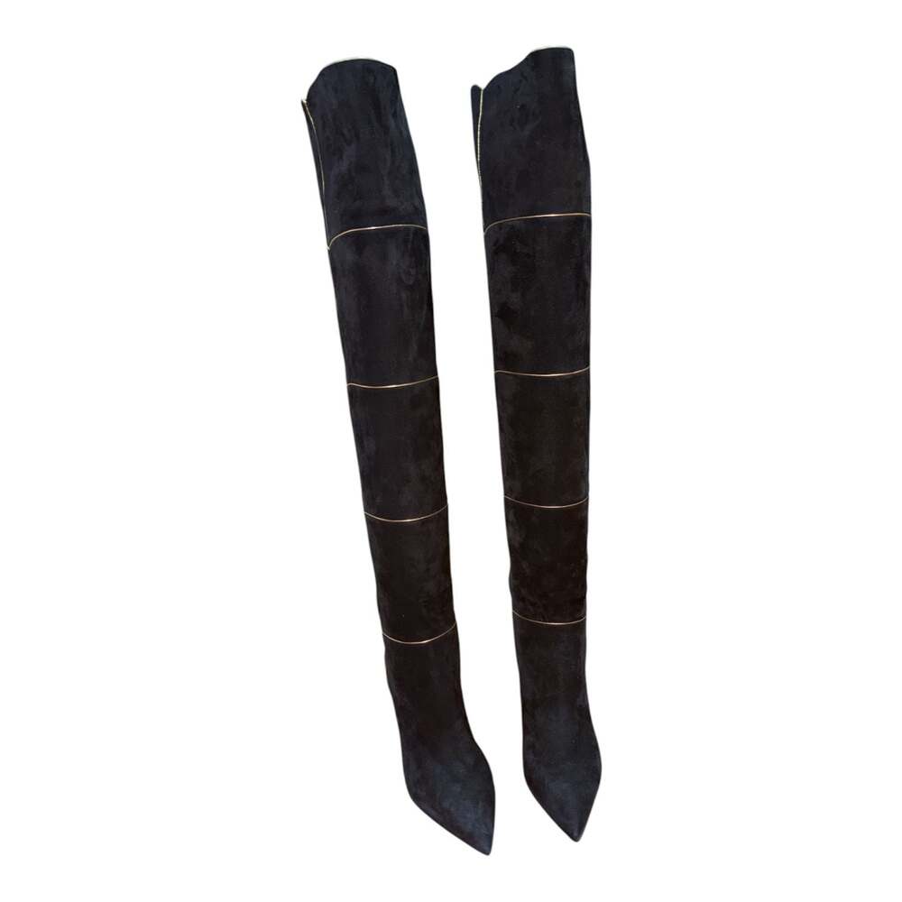 Gianvito Rossi Clarice 85Metallic Leather-Trimmed Suede Over-The-Knee Boots Sz40